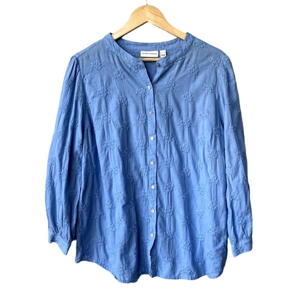 Susan Graver XL Blue Floral Embroidered Long Sleeve Cotton Button Down‎ Shirt